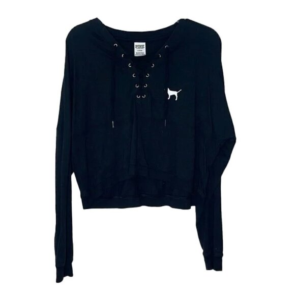 ❤️ LOVE PINK Victorias Secret Black Crop Cropped Hoodie Sweater Sweatshirt M - Picture 7 of 10
